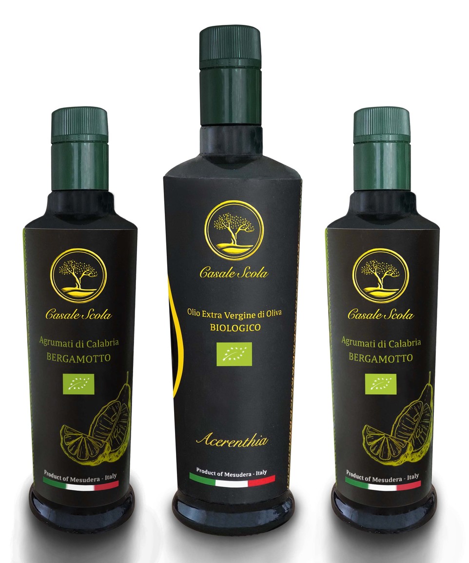 Tesori di Calabria - 2 bottiglie agrumati di Calabria al bergamotto (250 ml ciascuna) ed 1 bottiglia olio EVO biologico Acerenthia (500 ml)