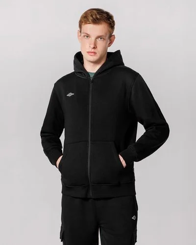 Brushed Fleece Hooded Full Zip  With Embroidered Patch - Black