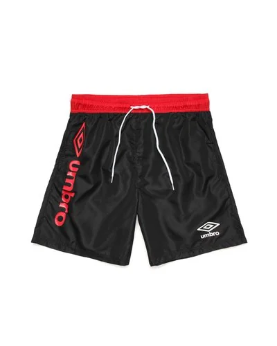Medium length swim shorts with contrasting logo and writing. - Black
