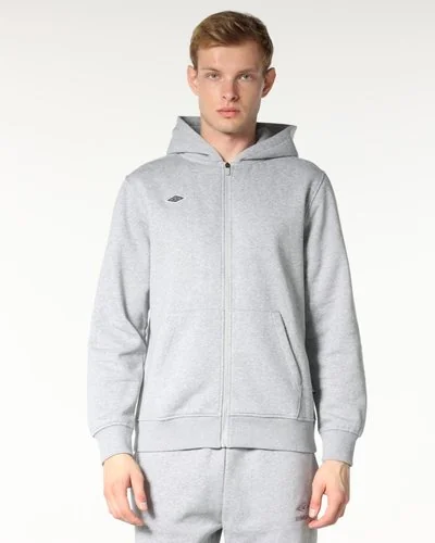 Brushed Fleece Hooded Full Zip  With Embroidered Patch - Grey.mel.
