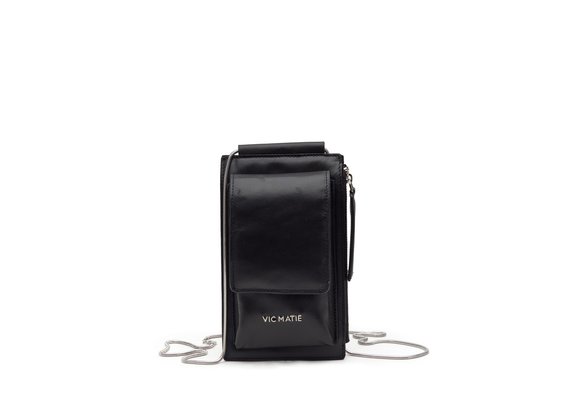 Alia<br />Black leather phone case with shoulder strap