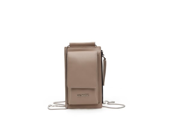 Alia<br />Dove-grey leather phone case with shoulder strap