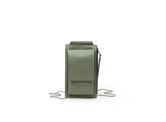 Alia<br />Sage-green leather phone case with shoulder strap