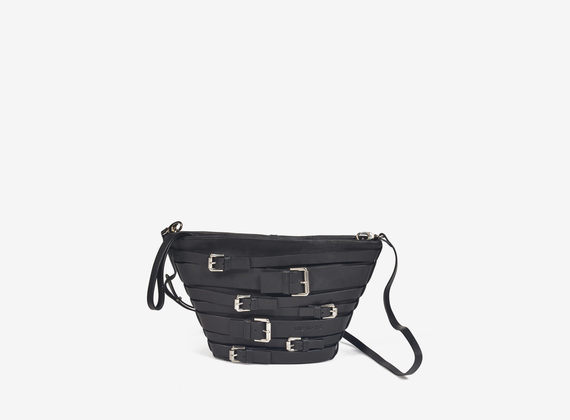 Multi-buckle leather bucket bag - Black