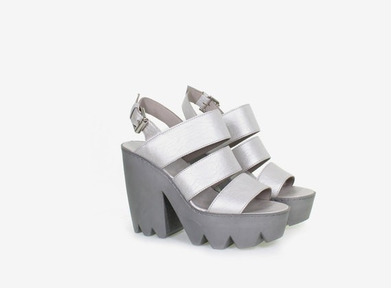 Laminated nappa leather sandal with strap and maxi rubber lug sole. - LAMINATE SILVER