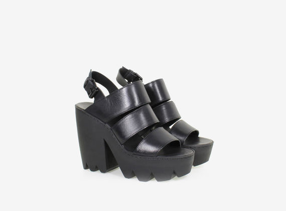 Leather sandal with strap and maxi rubber lug sole - Black