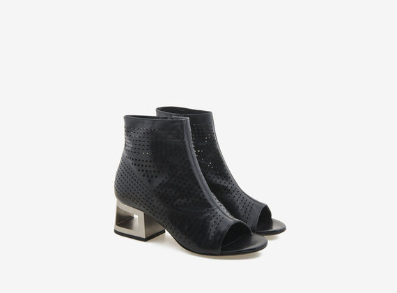 Peeptoe ankle boot with perforated steel-effect heel