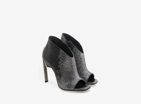 Open toe ankle boot with metallic veneer and steel heel - Black / Laminated Silver