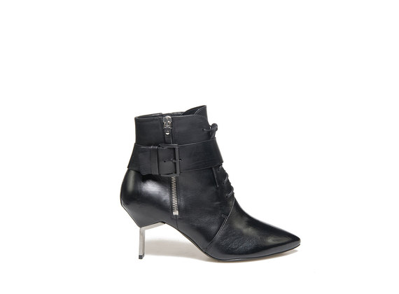 Laced ankle boots with zip, buckle and steel heel