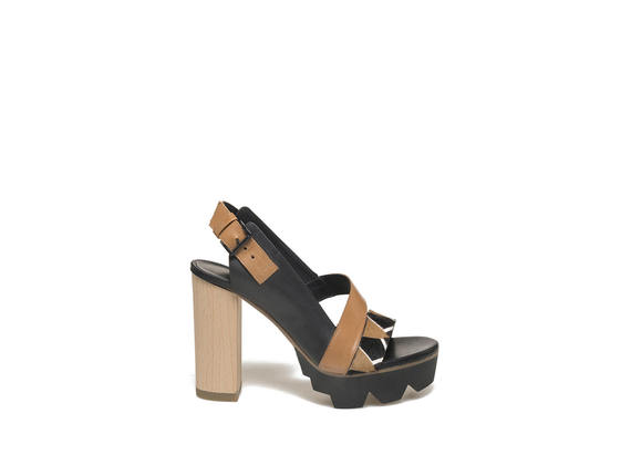 Sandal with wooden heel and multi-coloured pony band - Black / Leather