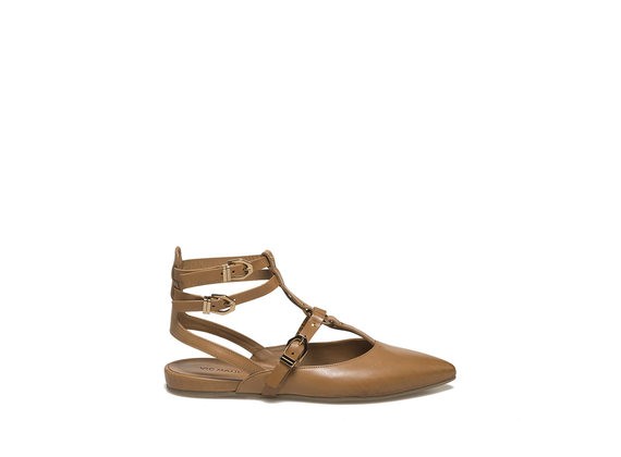Hide-coloured slingback ballerina with straps - Leather Brown