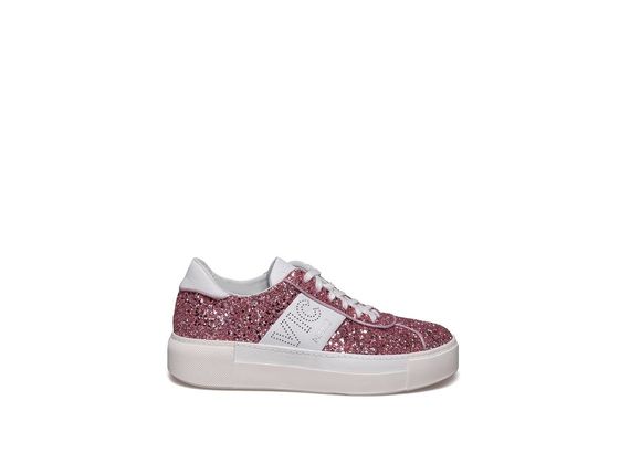 Lace up shoe in glitter and pink leather