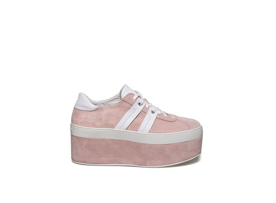 Lace up shoe with bands on powder pink suede platform