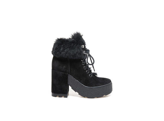 Black suede lace-up ankle boots with rabbit fur