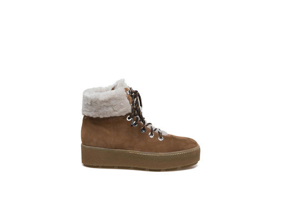 leather-coloured lace-up ankle boots with sheepskin - Light Brown