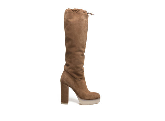 Suede tobacco-coloured boots with drawstring - Light Brown
