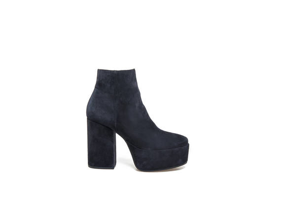 Midnight blue suede ankle boots with maxi plateau and heel