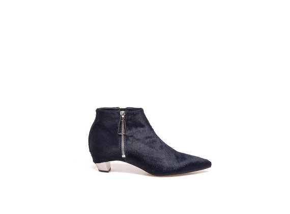 Blue ankle boots with ponyskin-effect, side zip and metallic heel - Blue