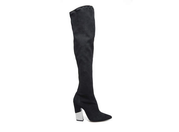 Pointed toe boots in stretch suede with partially-covered metallic heel