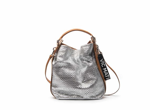 Frida silver bucket bag with braided leather