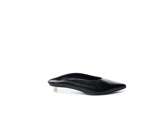 Black leather slipper and steel micro heel
