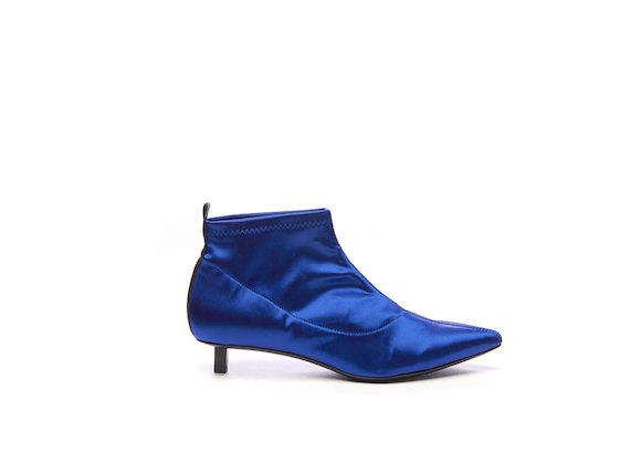 Cornflower blue satin half boot with black micro heel