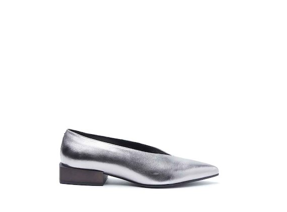 Metallic leather ballerina shoes with block heel - Silver