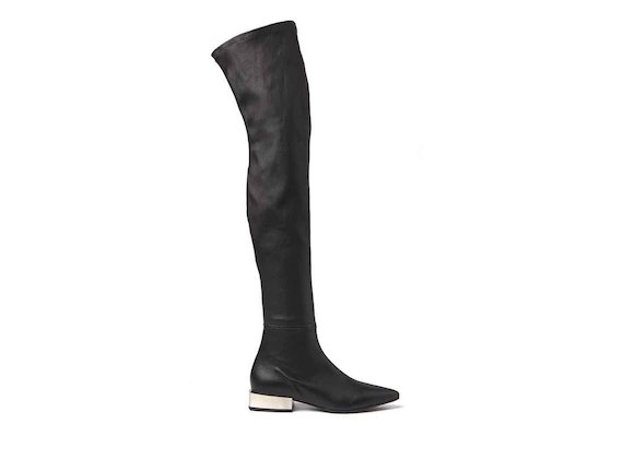 Stretch leather thigh-high boots with metallic block heel