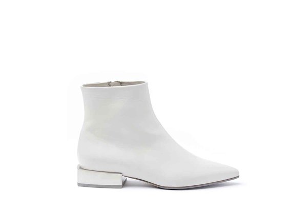 Ice-coloured leather heeled ankle boots with metallic block heel