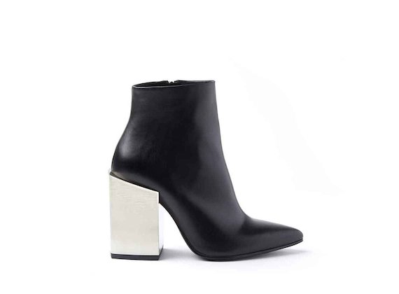 Black leather heeled ankle boots with high metallic block heel - Black