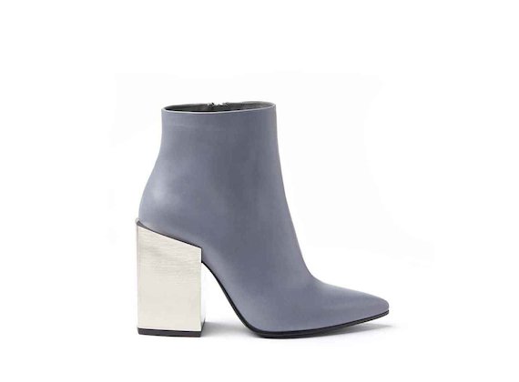 Powder blue leather heeled ankle boots with metallic block heel