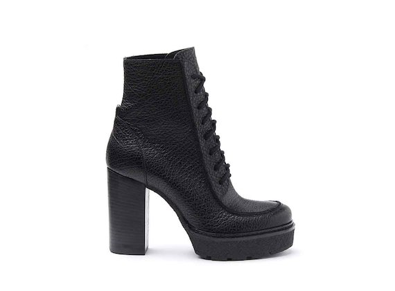 Black leather lace-up heeled ankle boots with crepe platform and leather-covered heel
