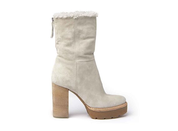Bottines en daim et mouton avec plateforme aspect crêpe et talon revêtu de cuir - Glace