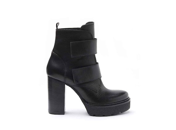 Heeled ankle boots with Velcro straps, crepe platform and leather-covered heel - Black