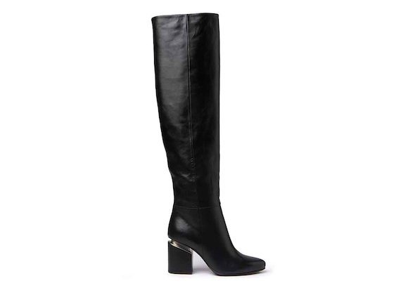 Black leather stove pipe boots with suspended heel