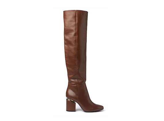 Cognac-coloured leather stove pipe boots with suspended heel - Brown