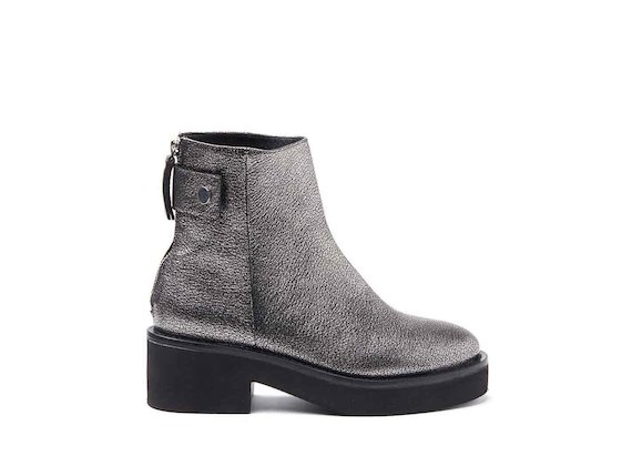 Metallic silver leather heeled ankle boots with press-stud and rubber sole - Lead