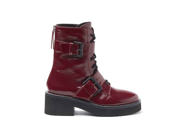 Burgundy naplak military boots with buckles and rubber sole