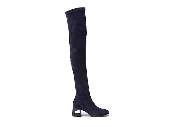 Navy blue suede thigh-high boots with perforated heel