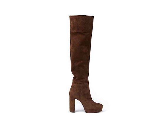 Cognac-coloured leather thigh-high stove pipe boots with leather-covered platform and heel
