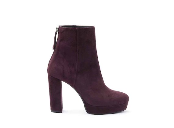 Burgundy suede heeled ankle boots with suede-covered platform and heel