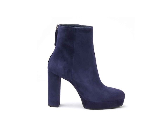 Navy blue suede heeled ankle boots with suede-covered platform and heel - Blue