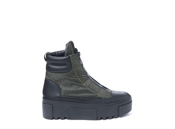 Army green nylon ankle boot with logoed zip
