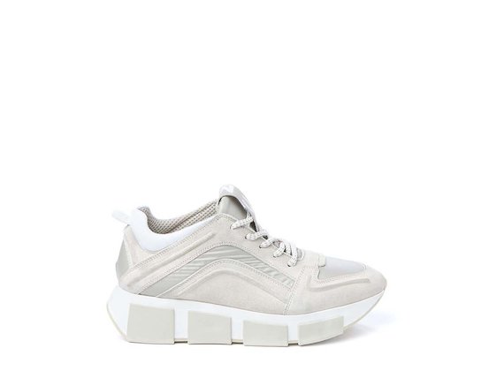 Beige leather and nylon trainer - Grey