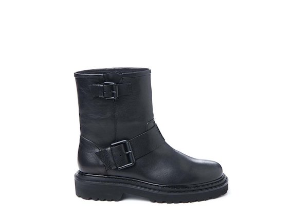Black leather biker boot with buckle - Black