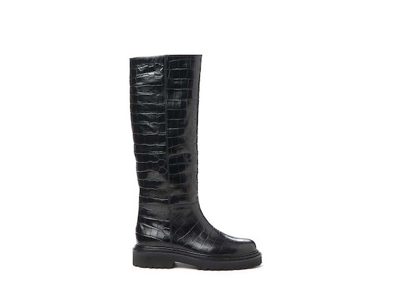 Crocodile-effect leather stove pipe boot