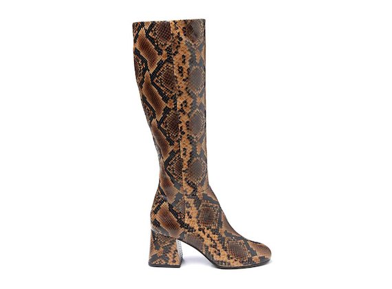 Snakeskin-effect leather boot with flared heel