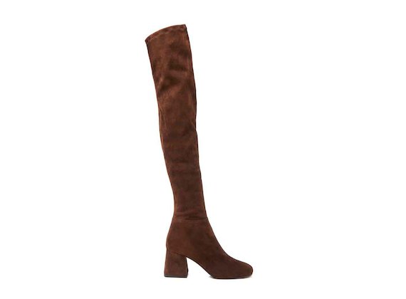 Thigh-high boot with flared heel - Brown