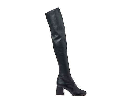 Stretch leather thigh-high boot with flared heel - Black