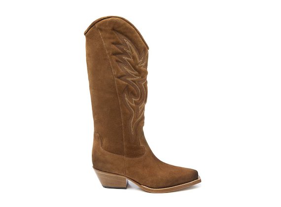 Leather-coloured cowboy boot with embroidery - Brown